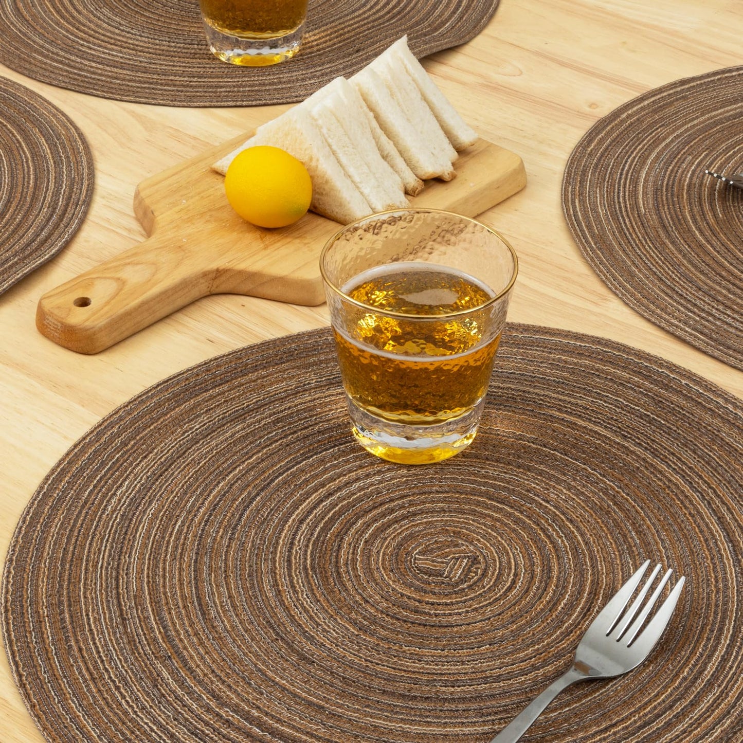 Winknowl Round Braided Placemats Set of 4 Washable Woven Heat Resistant Table Mats for Kitchen Dining Tables 15 inch Round Place Mats (Brown,4)