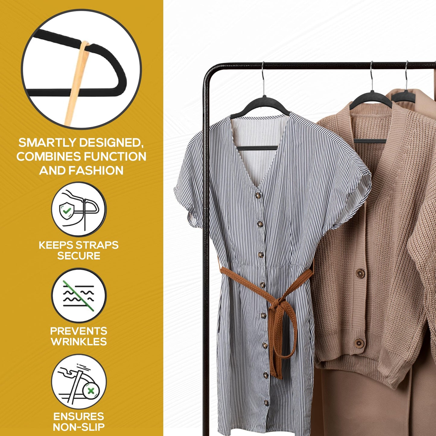 Techzoo 50 Pack New Premium Quality Velvet Hangers Ultra Thin Non Slip Adult Felt Space Saving Hangers for Closet Heavy Duty Coat Pants Jackets Dress Hangers 360° Swivel Hook Hold Upto 10 lbs Black