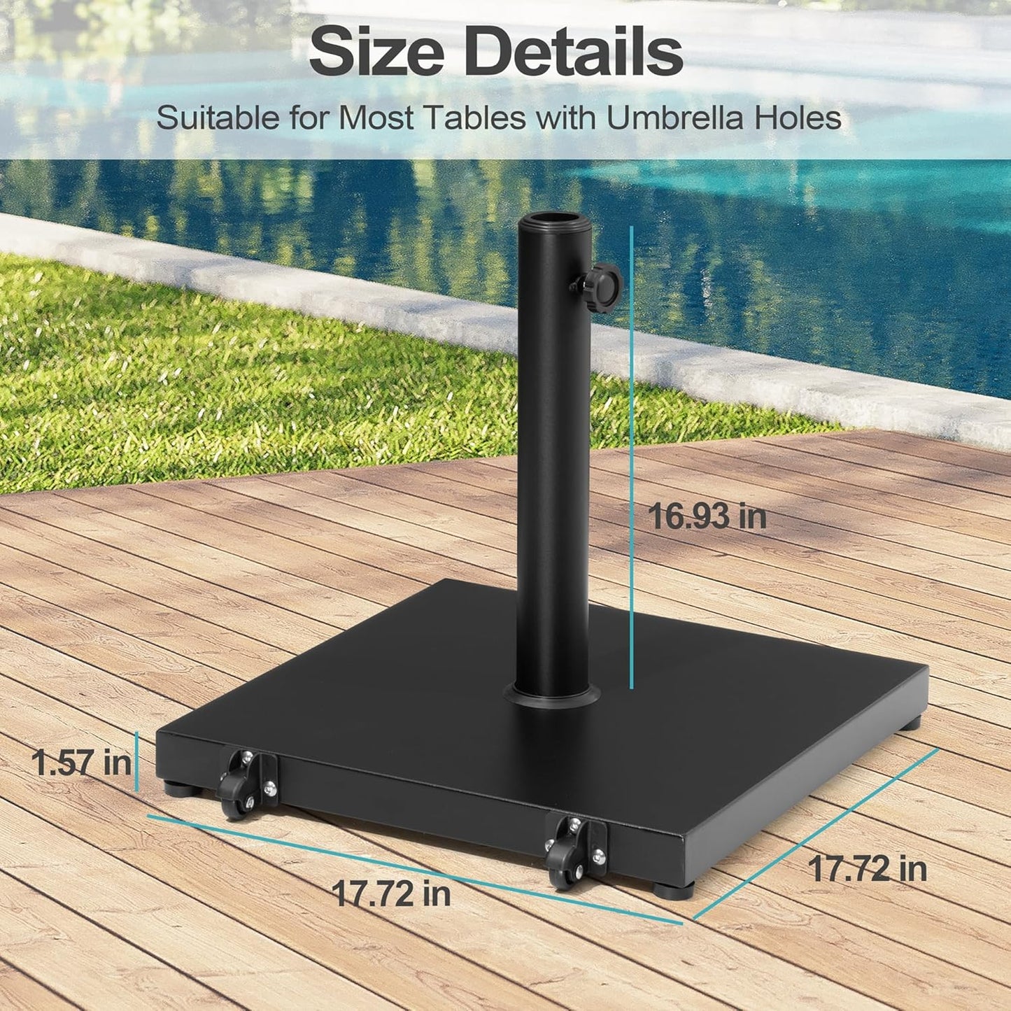 Patio Umbrella Base - 43lbs Heavy-Duty Concrete Stand with Wheels | Black Square Outdoor Umbrella Holder