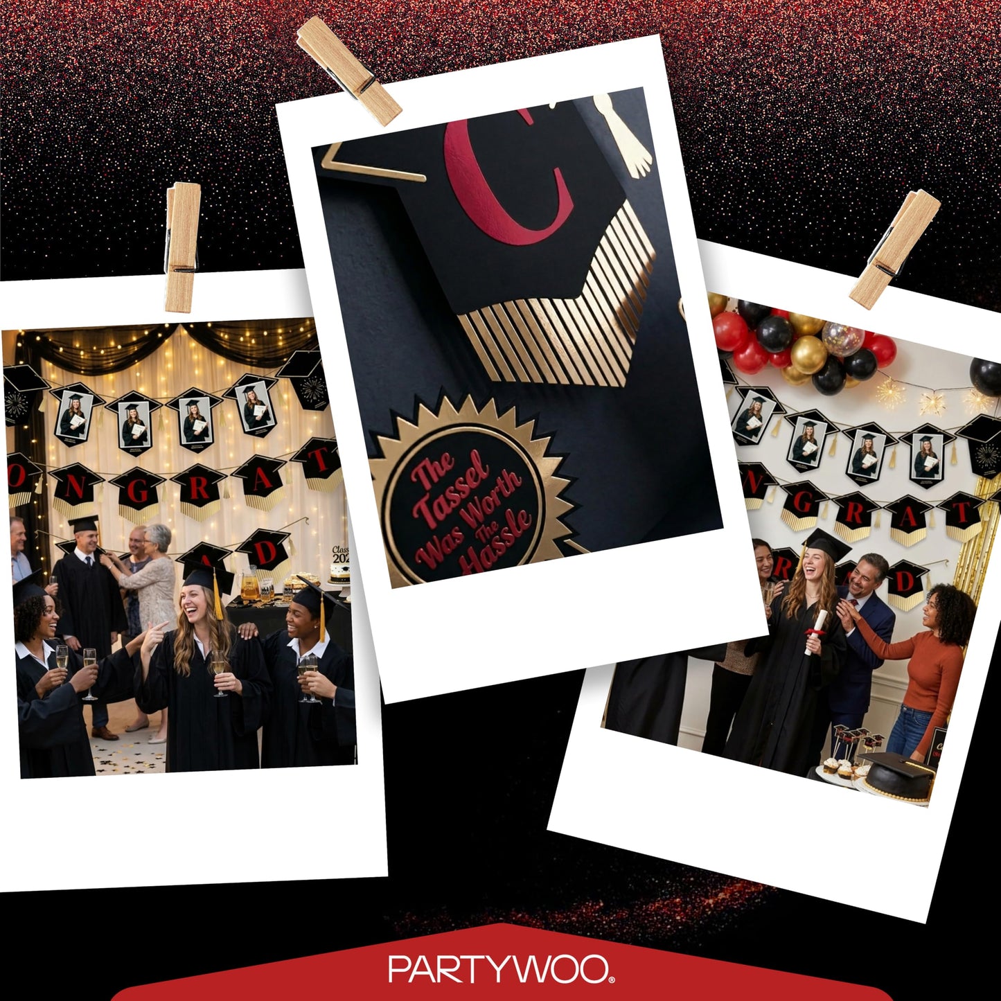 PartyWoo Class of 2026 Black and Red Graduation Banner Decorations 2pcs Black Red 2026 Hanging Congrats Grad Party Banner Supplies for Middle High School College Graduation Party Decorations