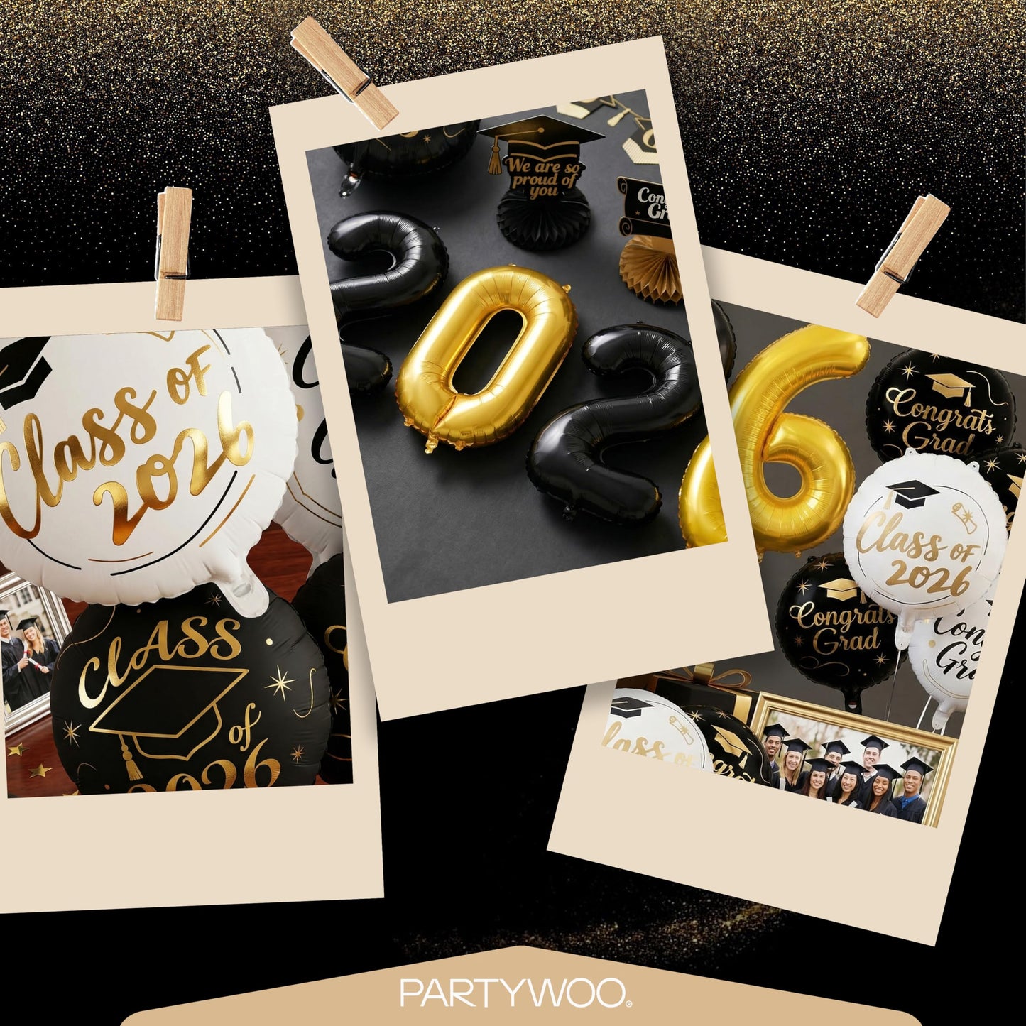 PartyWoo Graduation Balloons Class of 2026 Black White Gold 12pcs Balloons 40 Inch 2026 Foil Number Balloons 18 Inch Congrats Grad Mylar Balloons for Black White Graduation Decorations Party Supplies
