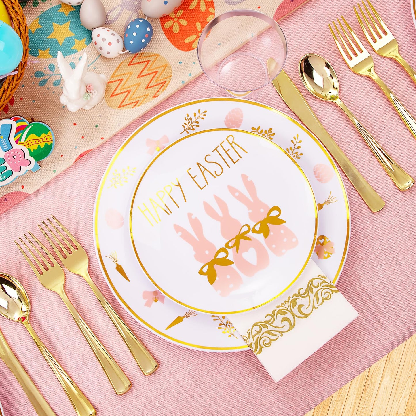 Morejoy 175pcs Easter Plastic Plates,Bunny Plates,Easter White & Pink Plates Disposable include 25Dinner Plates,25 Salad Plates,25 Cups,25 Forks,25 Knives,25 Spoons,25 Napkins Perfect for Party