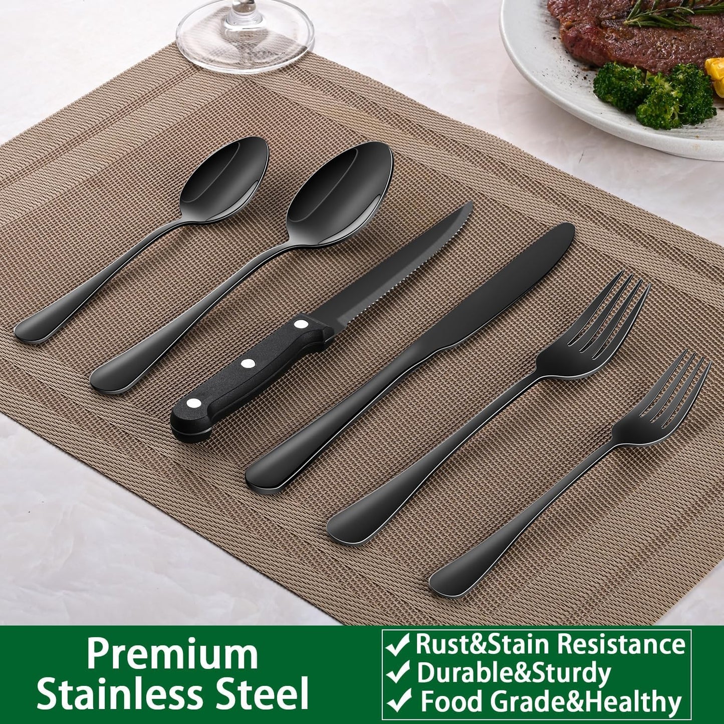 Skiennix 24-Piece Black Silverware Set - Food-Grade Stainless Steel Cutlery for 4 | Mirror Finish