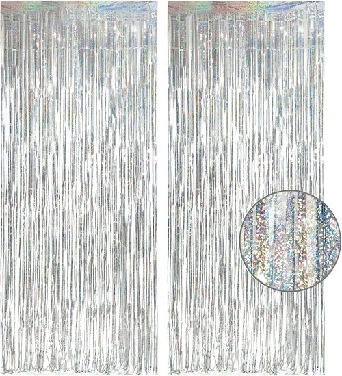 GREATRIL Silver Foil Fringe Tinsel Backdrop | Metallic Streamers for NYE, Prom & Parties - Pack of 2