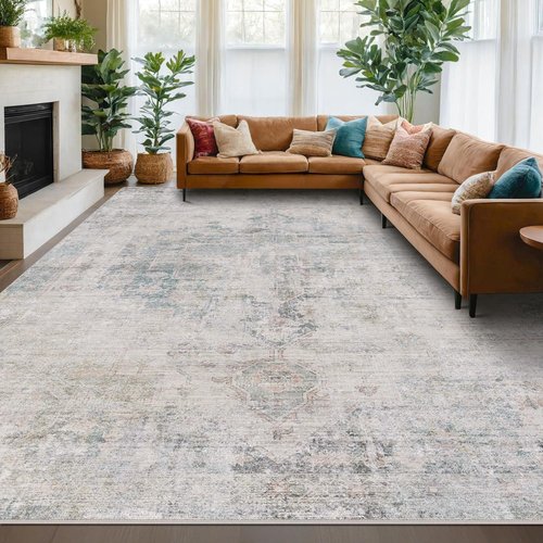Hazo Haus Modern Farmhouse Area Rug - 10x14 Blue Gray Lightweight Washable Rug for Living Room & Dining Room