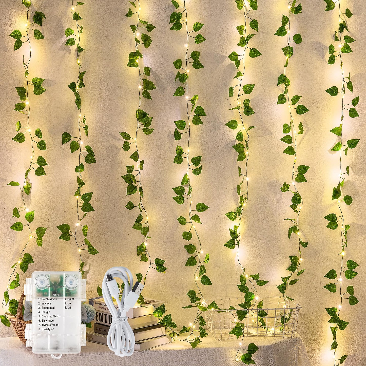 woohaha Vine with Fairy Lights,23ft 73LED Ivy String Light with Battery Operated,Leaf Light for Bedroom, Room, Wall, Garden, Party, Wedding Decor (Warm White)