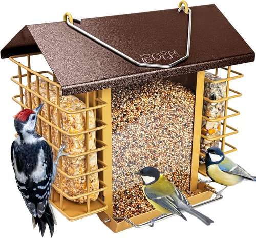 iBorn Bird Feeders - Weatherproof Suet Feeder with Double Holders | Easy to Refill & Clean, 3.2 LB Capacity, Coffee Roof & Yellow Grid
