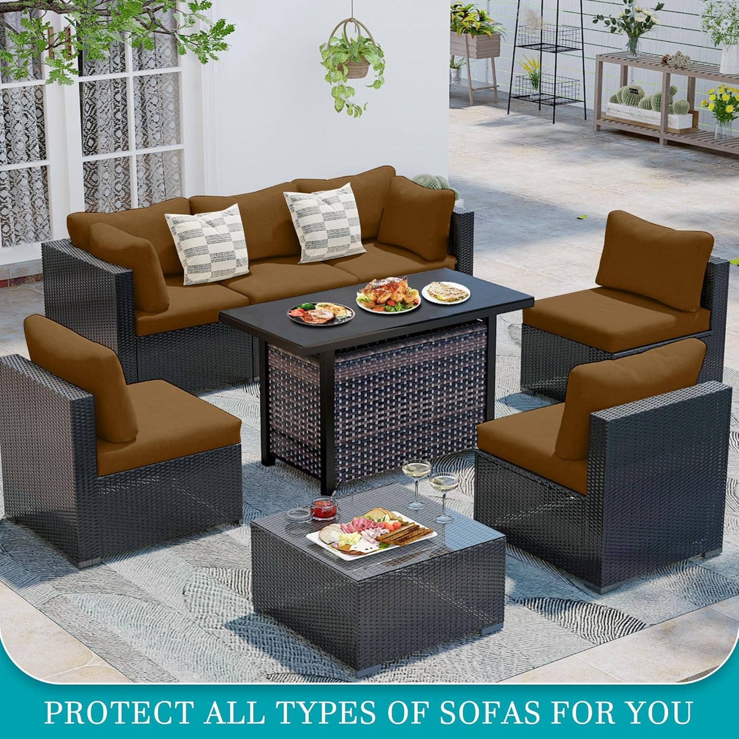 Skiennix 14-Piece Stretch Patio Cushion Covers - Washable & Reusable Outdoor Furniture Protector | Camel
