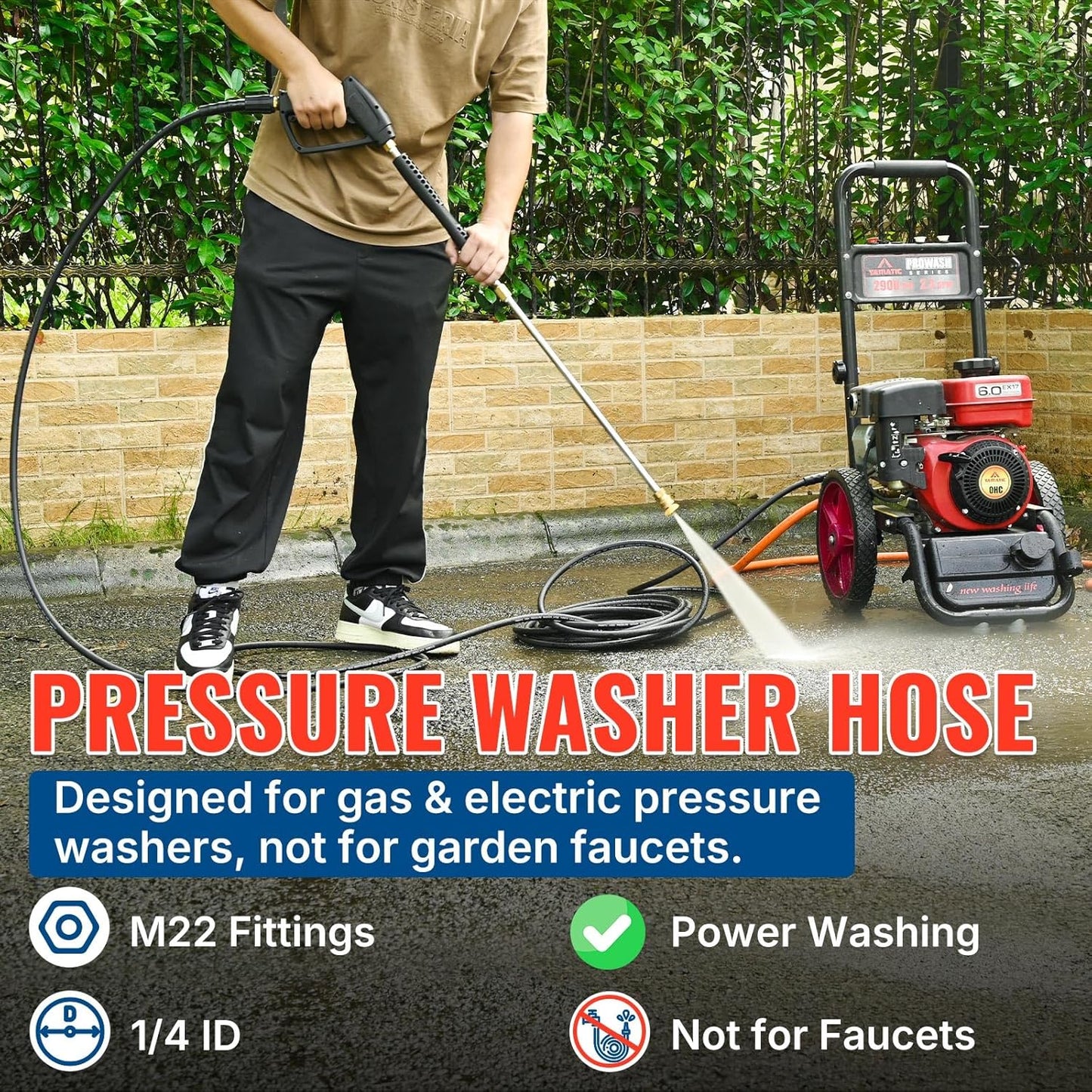 YAMATIC Pressure Washer Hose - 50FT x 1/4" Kink Resistant | 3200 PSI Upgrade with M22-14mm Brass Fittings for Ryobi, Troy Bilt, Greenworks, CRAFTSMAN