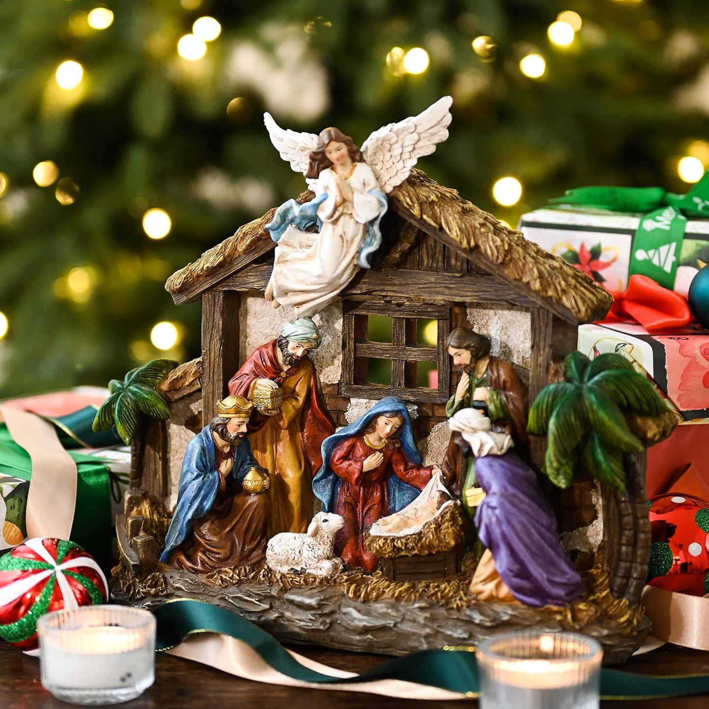 Valery Madelyn Nativity Figurines Set - LED Lights & Red Gold Holy Family | 10.6 Inch Resin Manger Decor