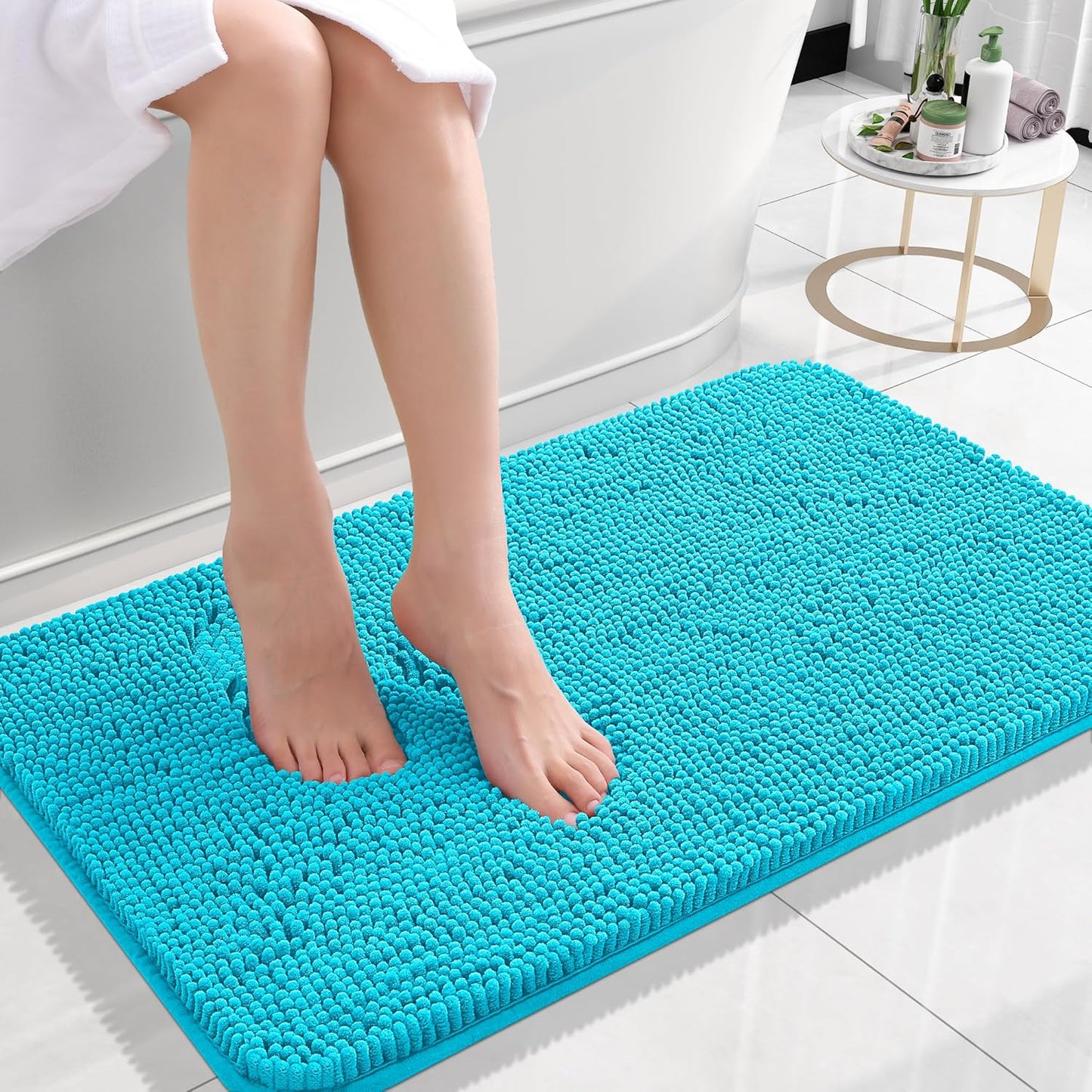 OLANLY Bath Rugs - Extra Soft Chenille Bathroom Mats | Quick Dry, Machine Washable, 24x16, Aqua Sky