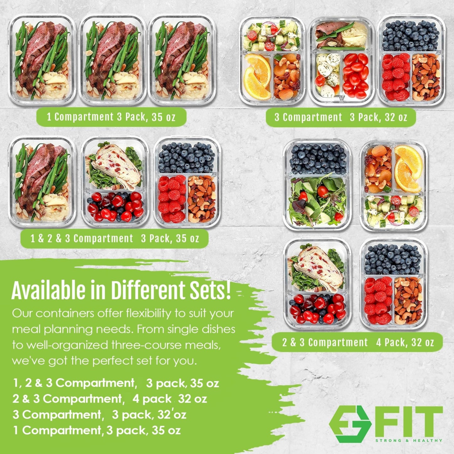 FIT Strong & Healthy Glass Meal Prep Containers, 2 & 3 Compartments – 32 oz Glass Containers with Lids, Food Storage with Black Lids, Oven & Freezer Safe, Leak-Proof Bento Box Adult, 4 Pack
