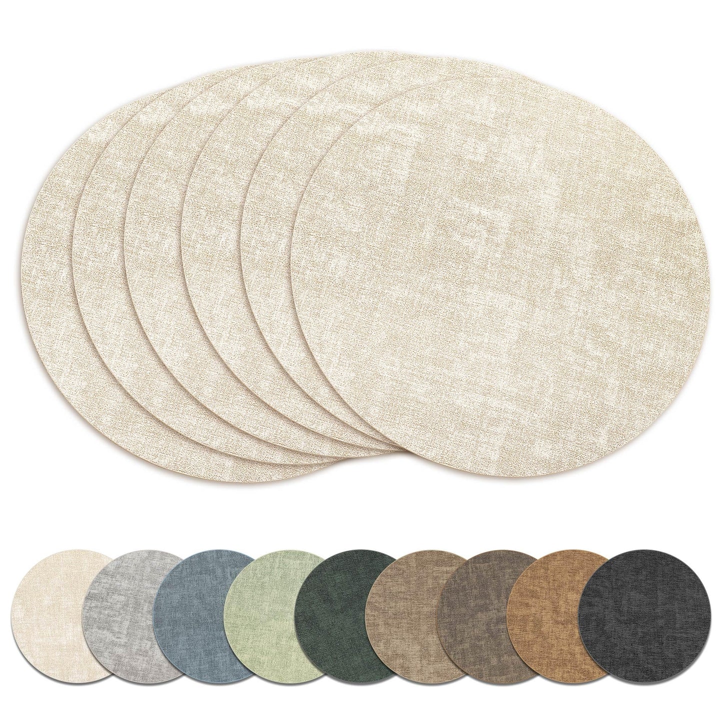 13" Round Placemats Set of 6, Reversible Faux Leather Heat Resistant Table Mats, 100% Waterproof Oilproof Wipeable Table Protective Placemats for Vinyl, Washable for Indoor & Outdoor Use (6, Beige)