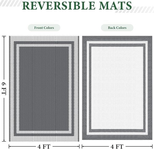 HappyTrends Outdoor Rug - Reversible Portable Plastic Straw Rug for Camping & Patio | Large 4'x6' White & Gray