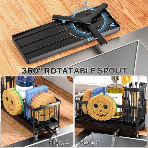 Cisily Kitchen Sink Caddy Organizer - Rustproof 304 Stainless Steel with High Brush Holder | Black Smiley Face, 9.25”
