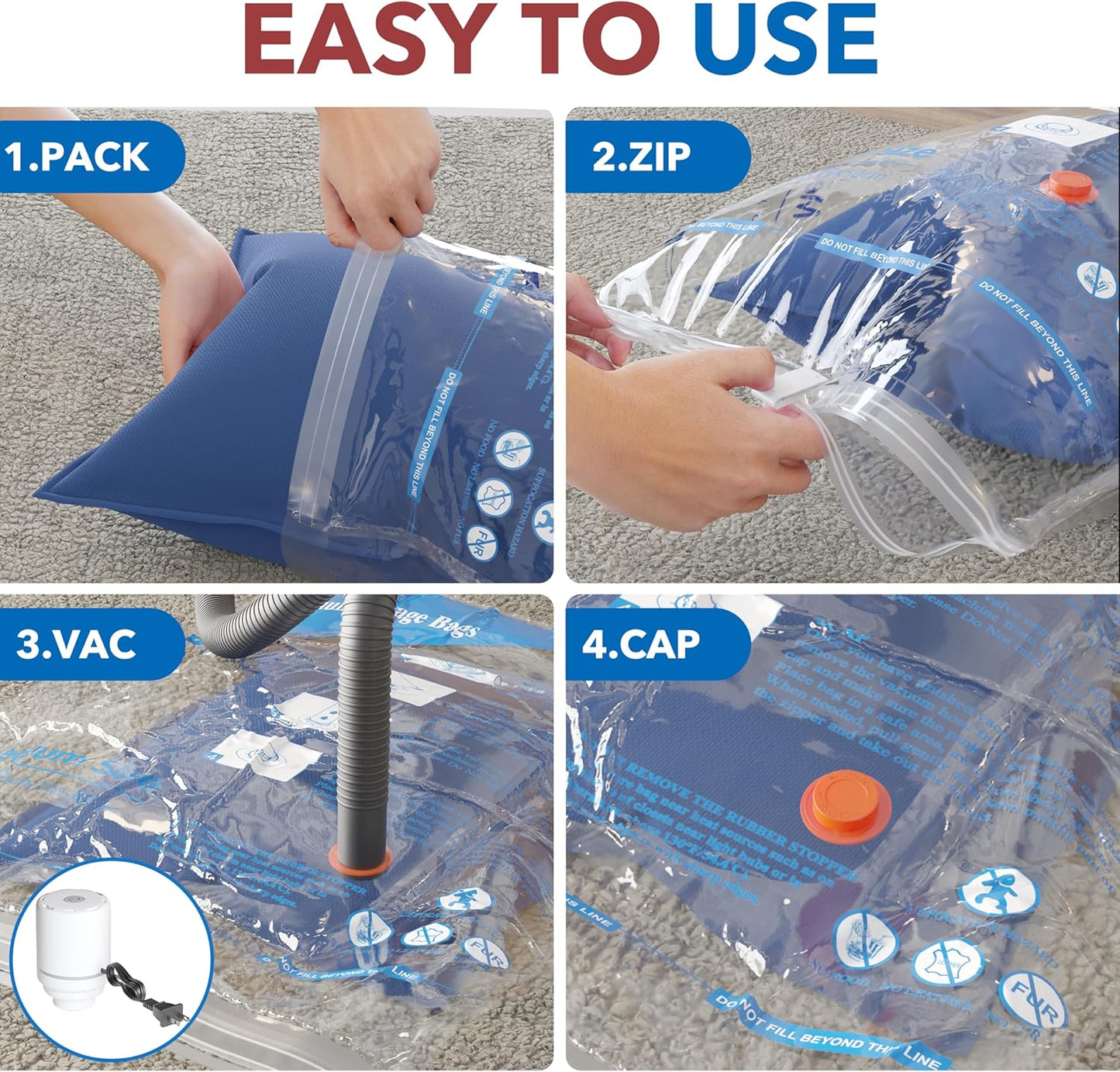 Skiennix Vacuum Seal Bags - Space-Saving Travel & Home Storage | 24-Pack with Electric Pump for Clothes, Blankets, and Comforters