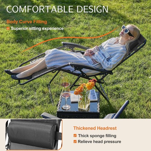 GlasFlength Zero Gravity Lounge Chair Set of 2 - Adjustable Folding Mesh Outdoor Recliners with Pillow & Cup Holders | Black