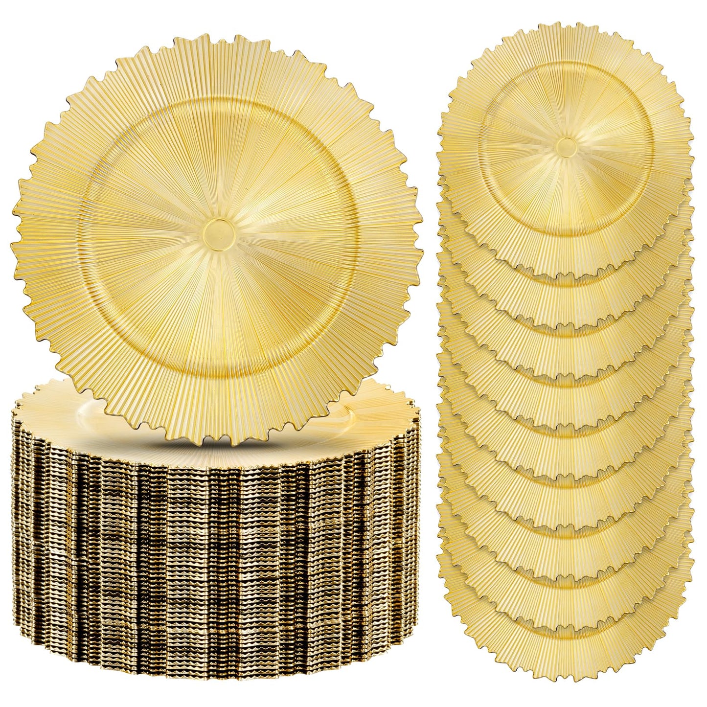 EI 20pcs Gold Charger Plates Bulk 13inch Plastic Chargers for Dinner Plate Disposable Golden Flash Reef Charger Plates Table Chargers for Family Party Wedding Birthday Afternoon Tea Decoration