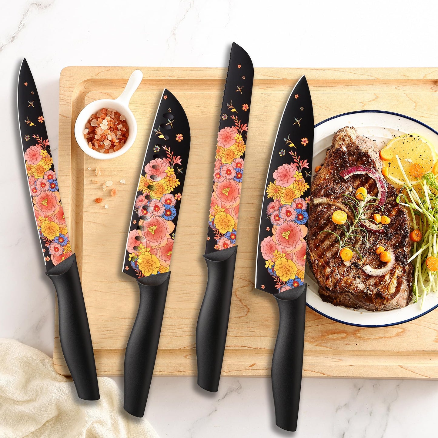 Marco Almond Knife Set Artistic Designed Pattern Kitchen Knife 6 Stainless Steel Kitchen Knives w 6 Blade Guards,Dishwasher Safe Kitchen Knife Sets for Family Knives Set for Chefs