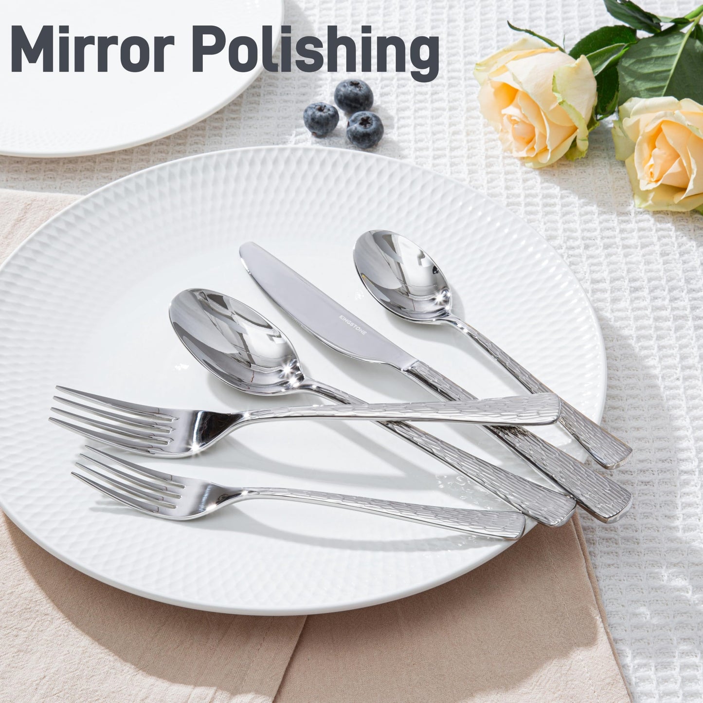 KINGSTONE Hammered Silverware Set, 20-Piece Flatware Set, 18/10 Stainless Steel Premium Cutlery with Unique Ripple Handles Design Mirror Polished - Dishwasher Safe