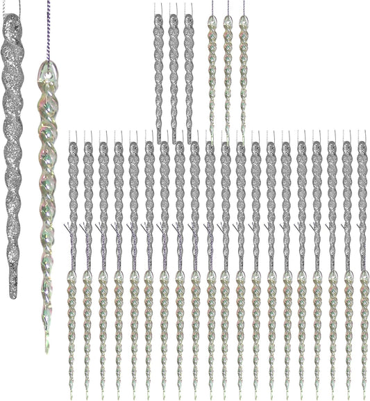 48-Piece Shatterproof Icicle Ornaments Set for Christmas Trees - 24 Glitter Silver & 24 Clear Iridescent - 5” Long