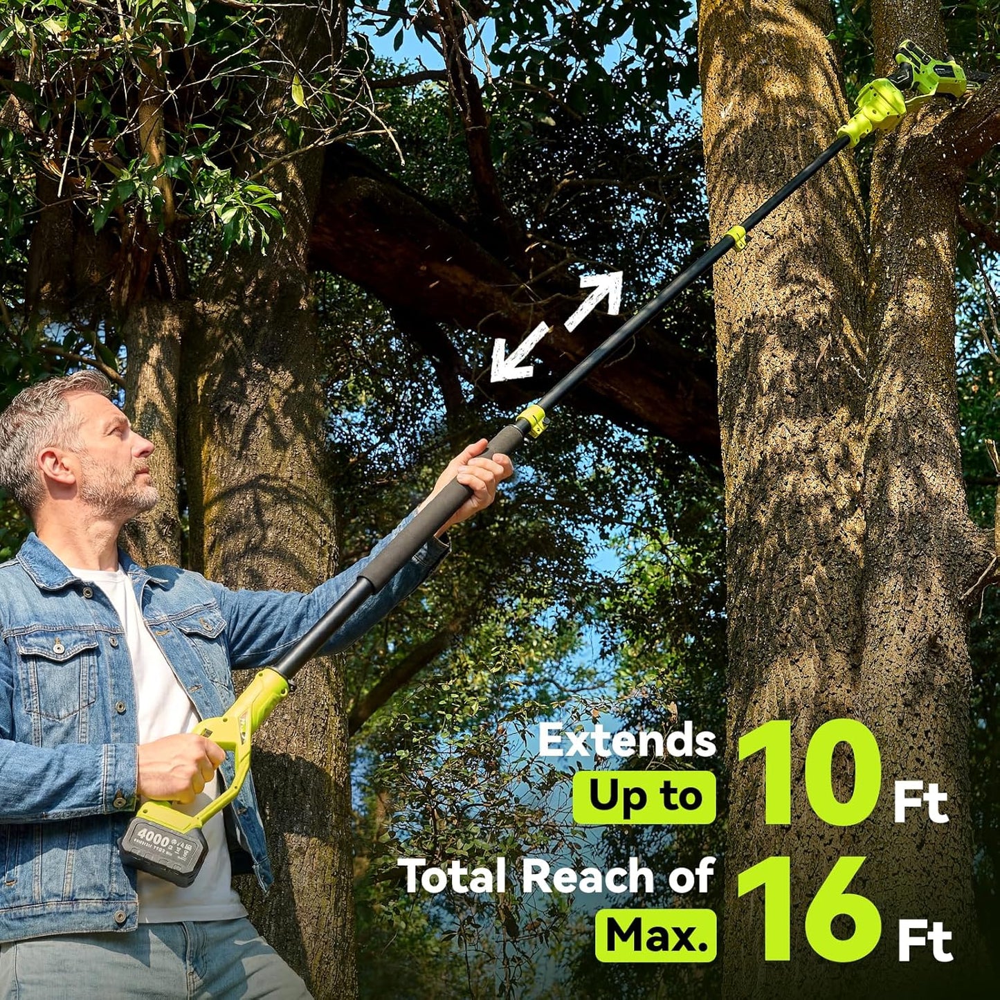 Skiennix Electric Pole Saw - Cordless Mini Chainsaw with 16Ft Reach & Auto Oiling | 8" & 6" Blades, 2x4.0Ah Battery