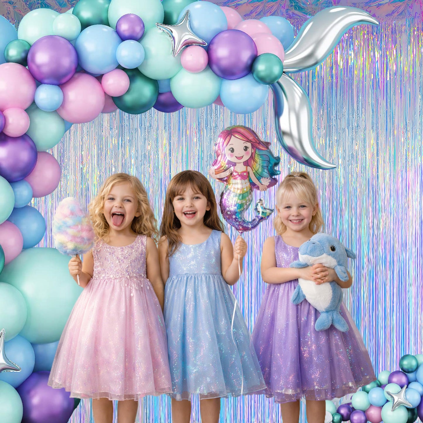 Melsan Iridescent Foil Fringe Backdrops Party Decorations - 3.2 x 6.56 ft Metallic Tinsel Photo Backdrop Curtains for Ocean Princess Birthday Parties - Iridescent 2 Packs