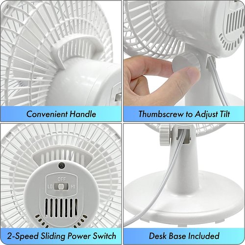 Comfort Zone CZ6D 6" Quiet Portable Desk Fan - 2-Speed Adjustable Clip Fan in White