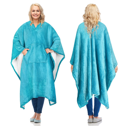 Catalonia Sherpa Wearable Blanket Poncho for Adult Women Men, Wrap Blanket Cape with Pocket, Warm, Soft, Cozy, Snuggly, Comfort Gift, No Sleeves, Aqua