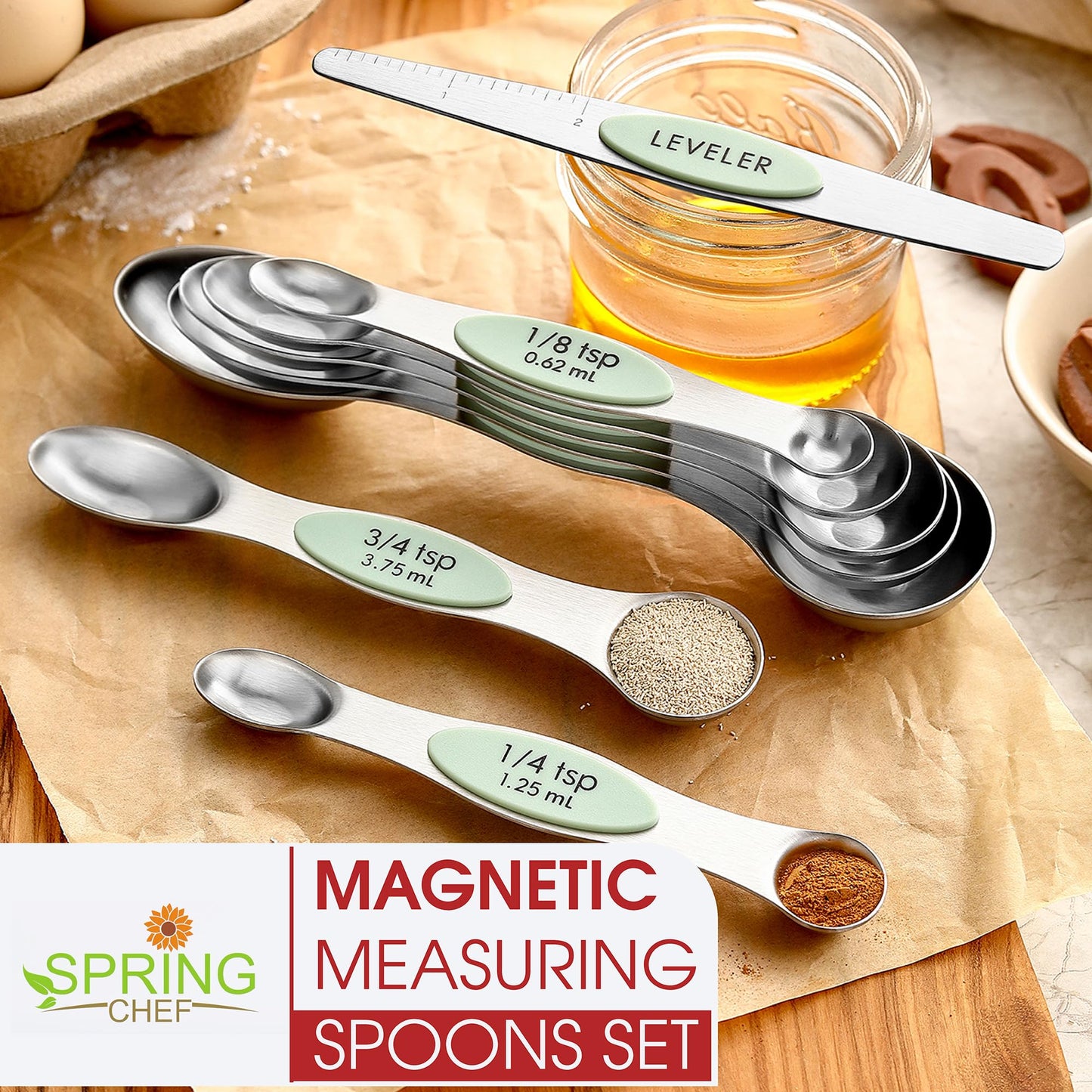 Spring Chef Magnetic Measuring Spoons Set, Dual Sided, Stainless Steel, Fits in Spice Jars, Pistachio, Set of 8, 2 Pack