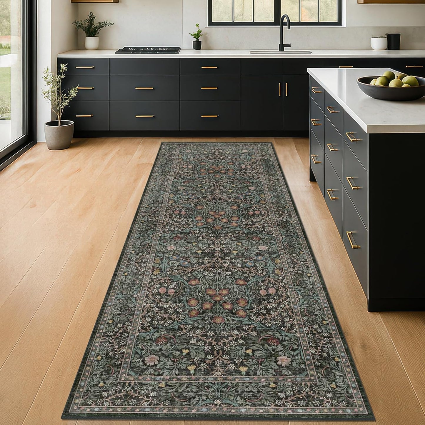 Skiennix 8ft Non-Slip Hallway Runner - Washable Rubber Backing, Stain Resistant | Vintage Floral Dark Green & Black