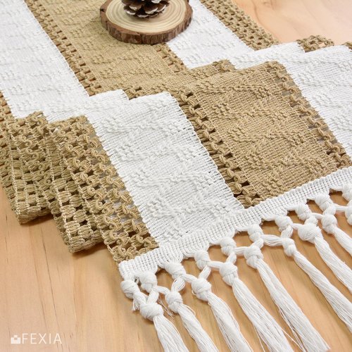 FEXIA Boho Table Runner with Tassels for Home Decor Farmhouse Rustic Table Runner Macrame Burlap Woven Dinning Decoration for Living Room Bridal Shower Independence Day Decorations(12x72 Inches)
