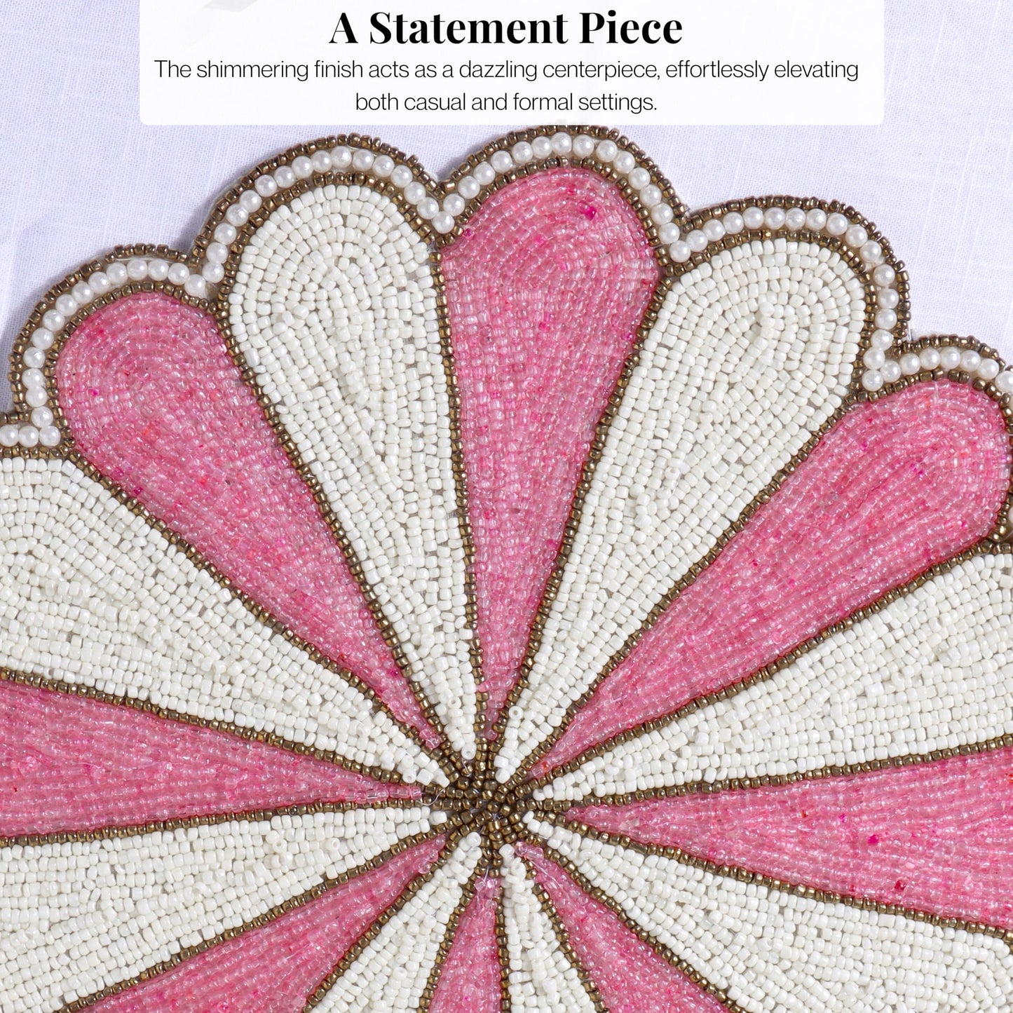 Decorative Beaded Table Mat - 13-Inch Placemat for Dining & Coffee Tables - Handcrafted Beaded Charger Plate - Elegant Place Mat for Dinner Parties & Home Décor (Pink White) - ALPHA Living HOME