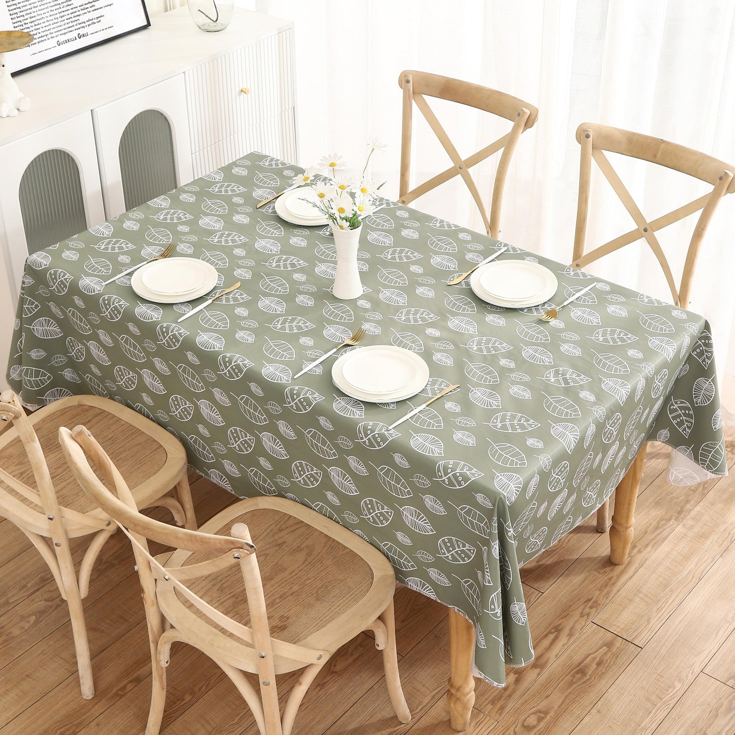 Walrus Heavy Duty Vinyl Tablecloth with Flannel Backing Waterproof Oil-Proof Plastic Table Cloth Stain-Resistant Wipeable Rectangle or Square Table Cover for Indoor and Outdoor (Leaf, 60X102 Inch)