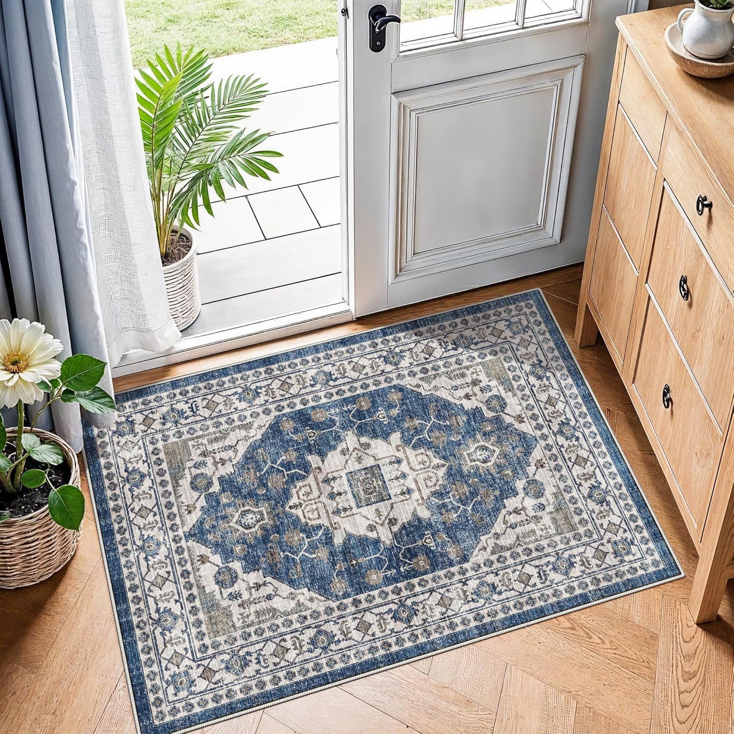 Skiennix Vintage Area Rug - Washable Soft Indoor Entryway Mat with Non-Slip Backing | 2x3, Blue