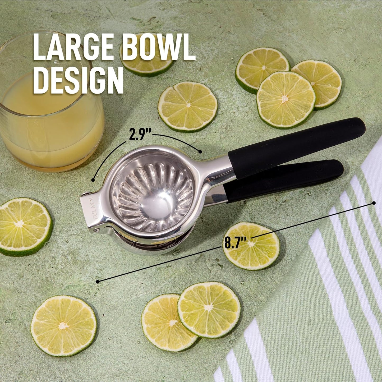Zulay Lemon Squeezer - Premium Heavy-Duty Stainless Steel with Black Grip - Large Size