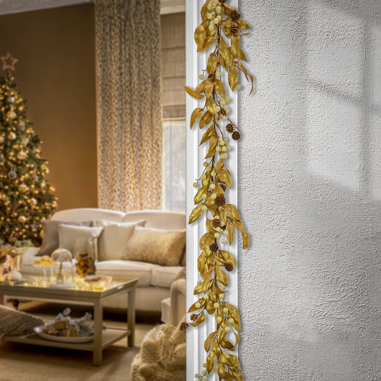 HGTV Home Collection Unlit Artificial Christmas Garland, Metallic Gold Laurel Leaves, Flexible Vine Base, Unlit, 6 Feet