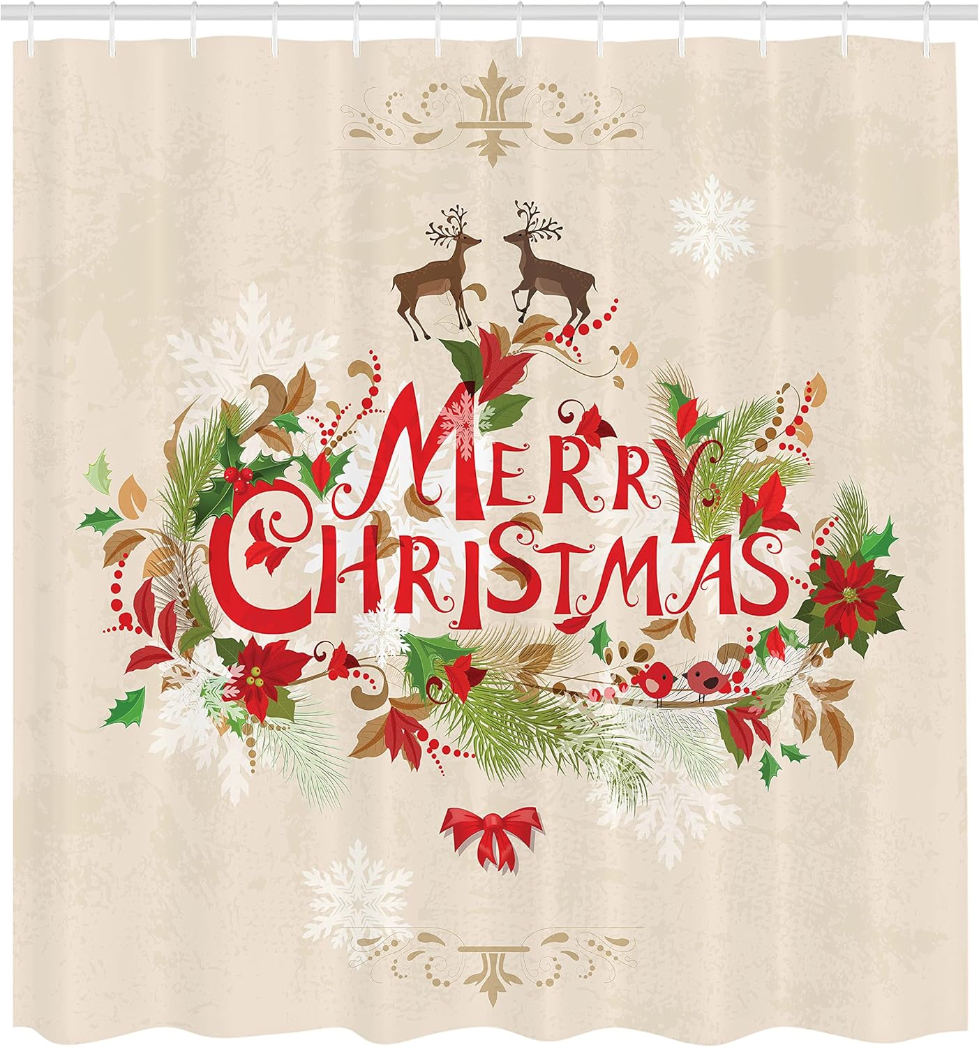 Christmas Shower Curtain - Merry Xmas Fir Tree & Poinsettia Decor, 69x70" Fabric