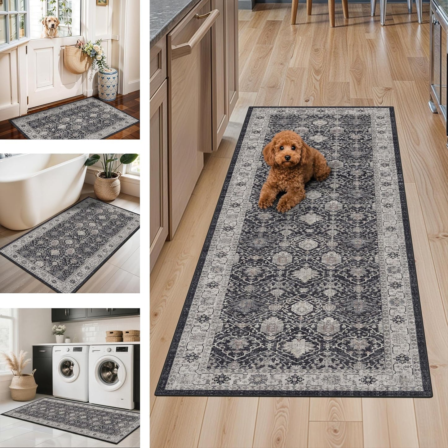 Skiennix Kitchen Rug Set - Washable Non-Slip Floor Mats for Sink & Stove | Cozy Black Runners (2x3, 2x4, 2x5)