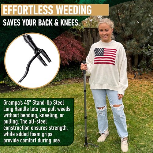 Grampa's Metal Weeder - Stand Up Weed Puller Tool with Durable Steel Handle & 4-Claw Head | Effortless Weeding in Green