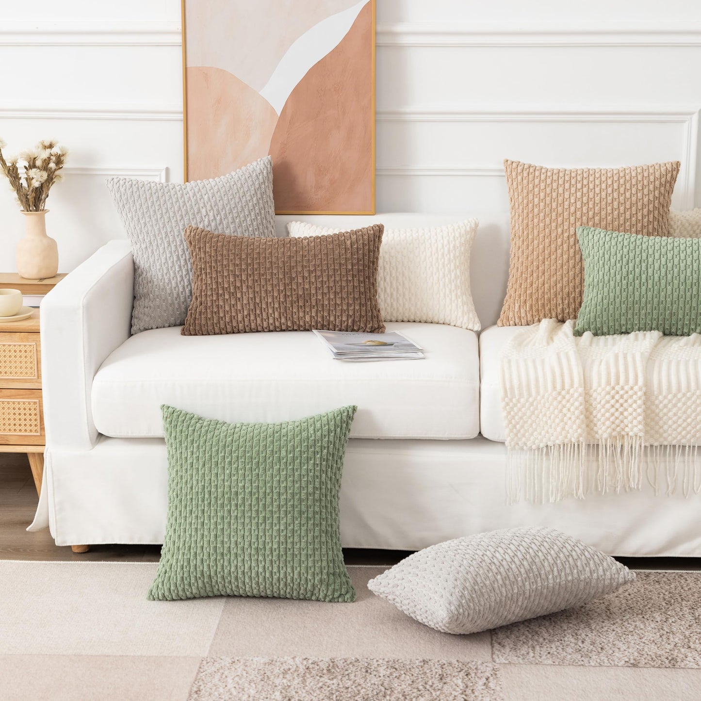 UGASA Soft Corduroy Decorative Pillow Cover 26x26 Inch Boho Striped Throw Pillow Cover Modern Home Decor for Sofa Living Room Couch Bed Cream White, 1 Piece