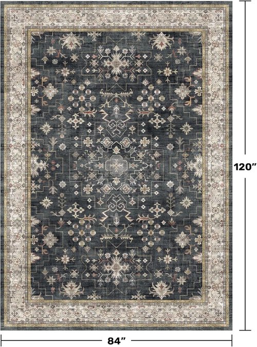 Hazo Haus Black Farmhouse Area Rug - Washable 7x10 ft | Stain Resistant, Non-Slip for Living Room & Bedroom