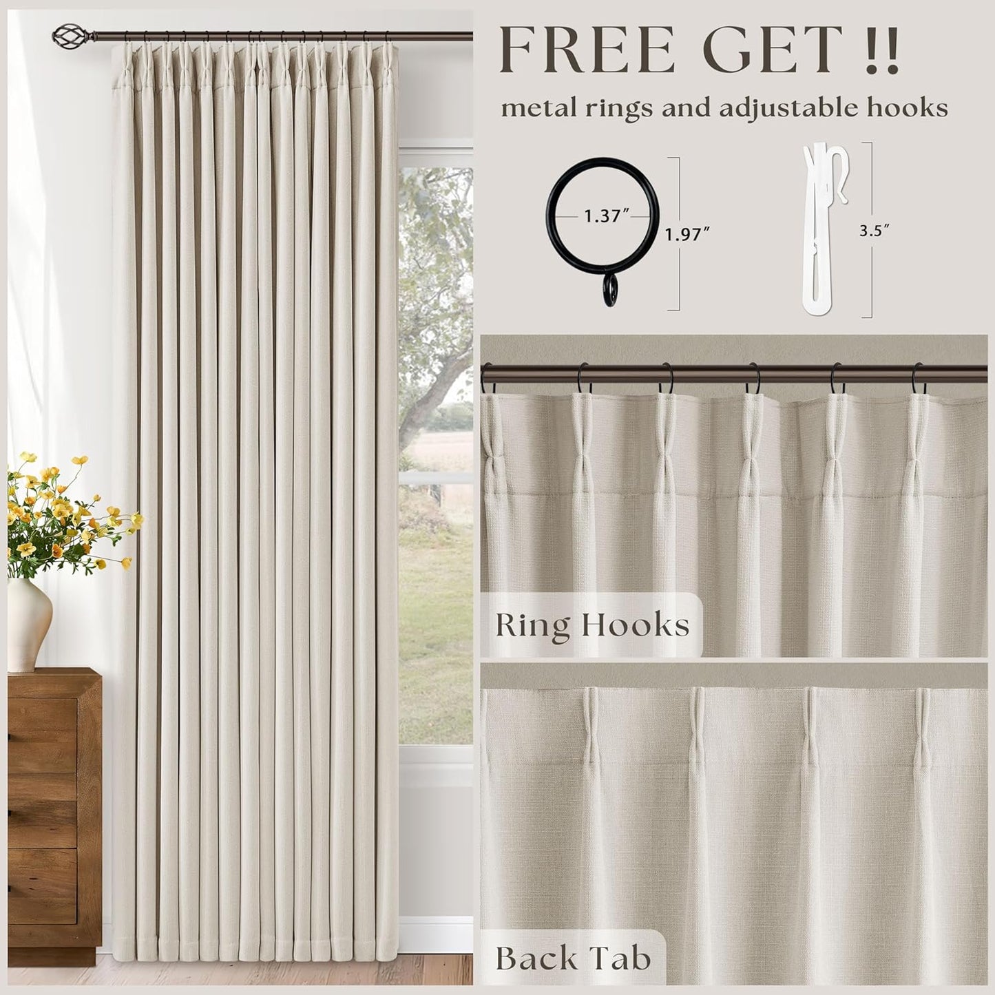 Skiennix 100% Blackout Linen Curtains - 96 Inch Length | Light Blocking Dual Layer Drapes in Cream Ivory