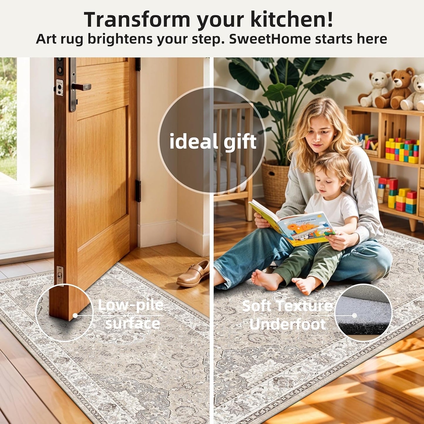 Skiennix Kitchen Runner Rug Set - Washable Non-Slip Floor Mats for Sink & Stove | Soft Low Pile, Water-Resistant (2x3 + 2x4, Beige)