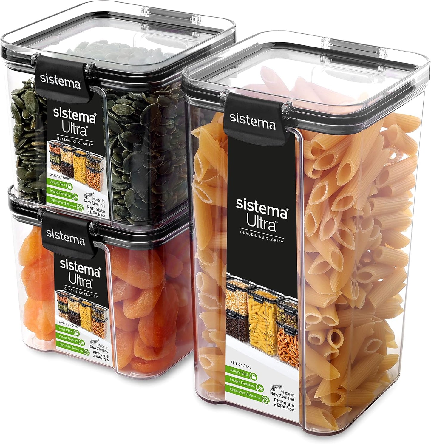 Sistema Tritan Ultra Airtight Storage Containers - 3-Pack, BPA-Free, Stackable & Clear with Locking Clips