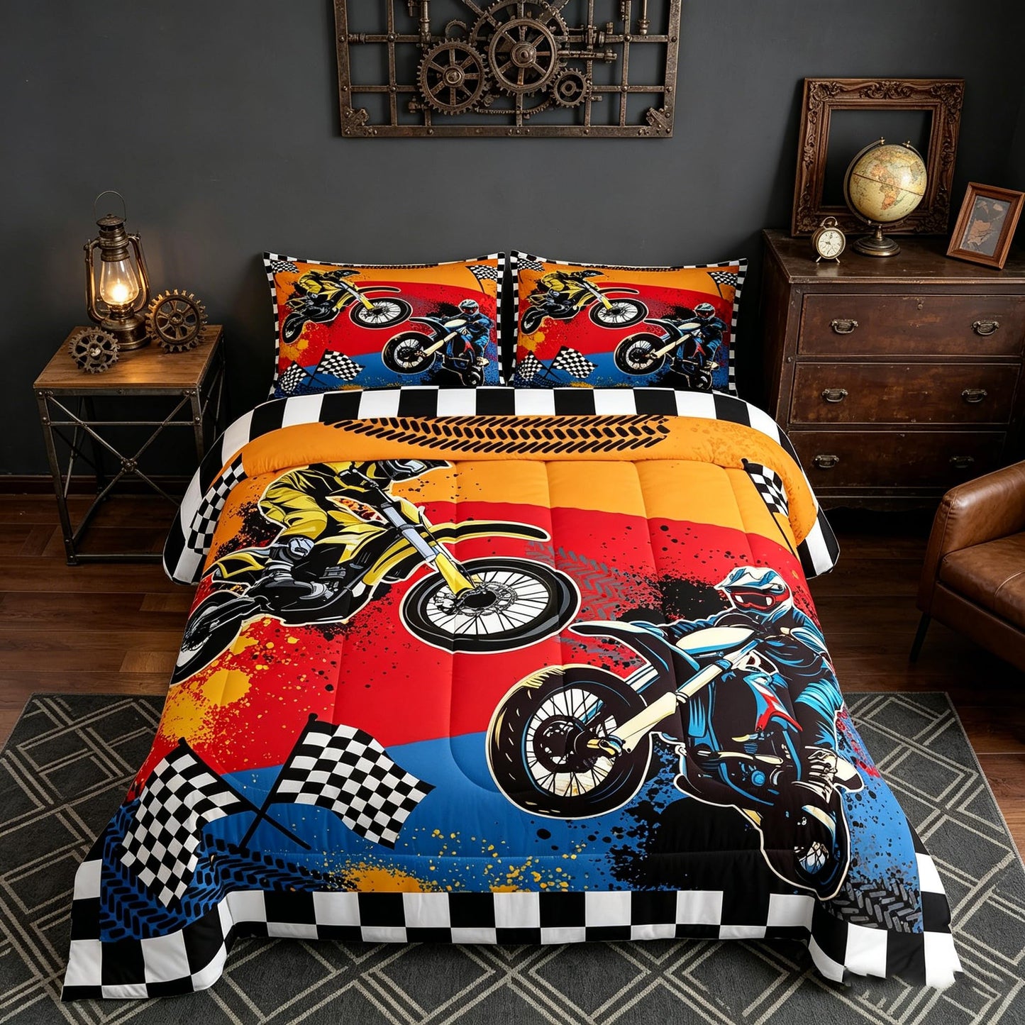 Feelyou Boys Dirt Bike Comforter Set Twin,Motocross Rider Bedding Set,Black White Buffalo Plaid Duvet,Cool Sport Car Quilted Comforter Motorcycle Bedding for Kids Teens Bedroom Decor