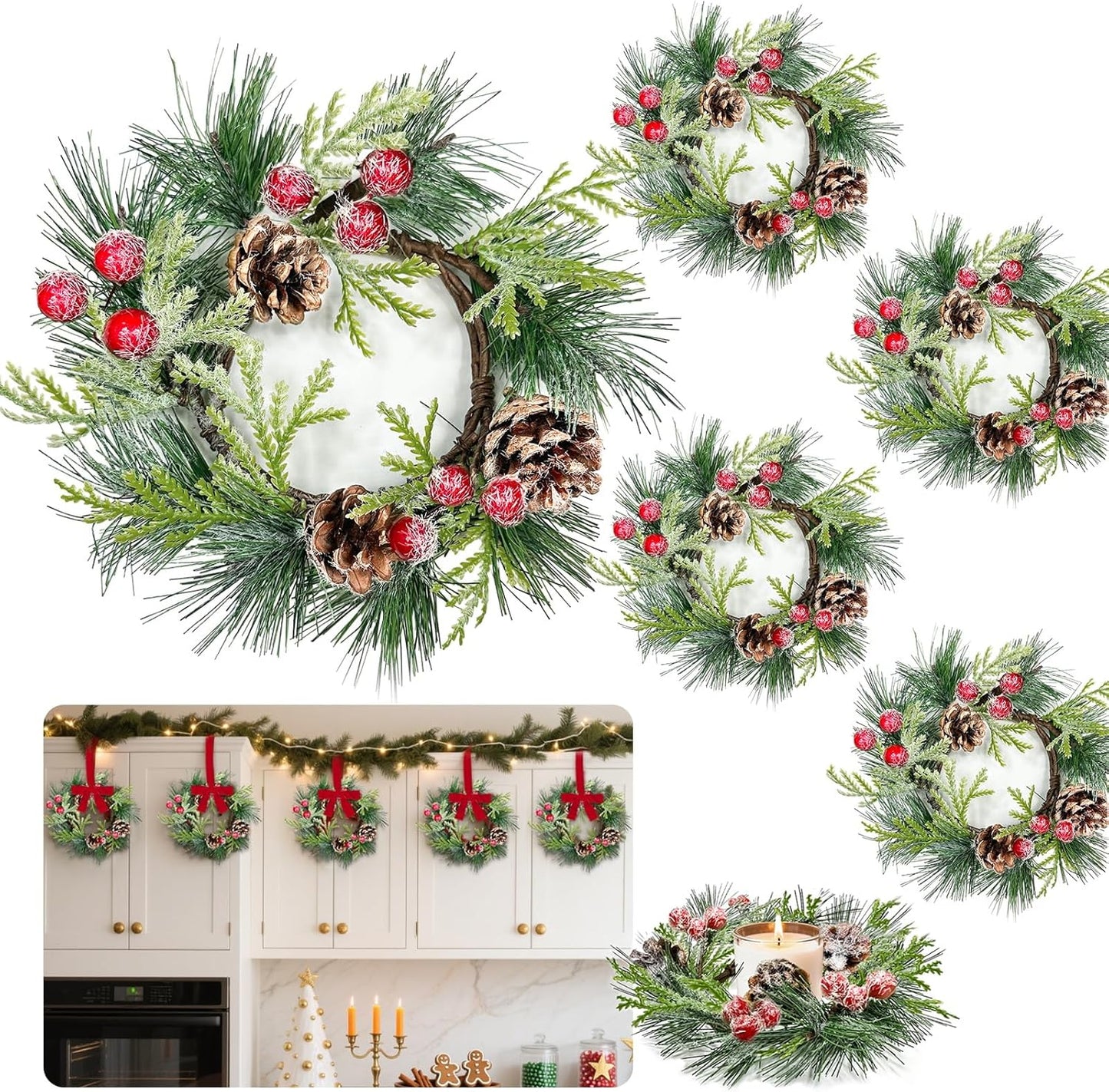 Skiennix 6 Pcs Mini Christmas Wreaths - 9 Inch Snowy Pinecone & Red Berry Candle Rings for Holiday Decor