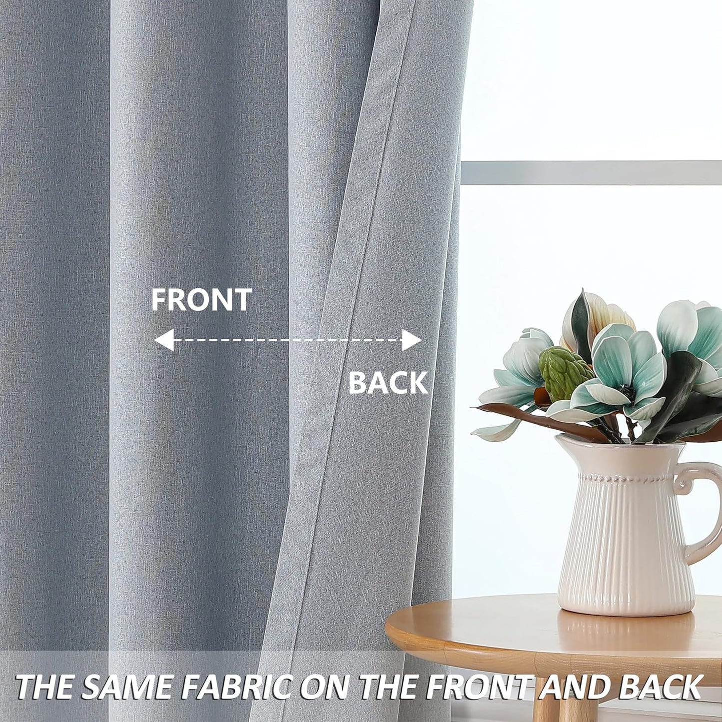 THOOO 100% Blackout Curtains - Natural Linen Textured, Thermal Insulated, 95 Inches Long | Light Blue, 2 Panels