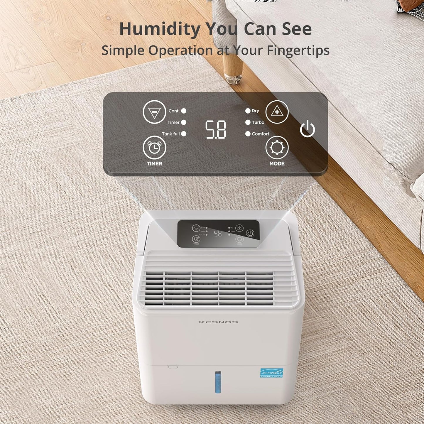 Kesnos Dehumidifier - Energy Star 2025 for Home & Basement | Ultra Quiet 36 dB, 0.39-Gallon Tank, 4 Modes