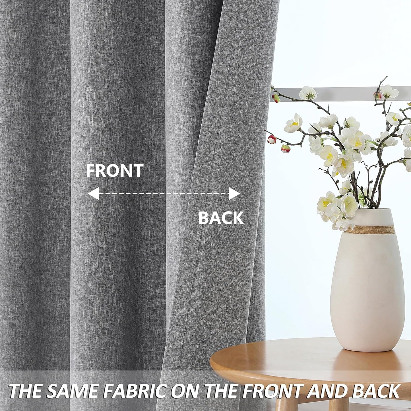 THOOO 100% Blackout Curtains - Natural Linen Textured Grommet Panels | 63 Inch Length, Dark Grey for Bedroom & Nursery